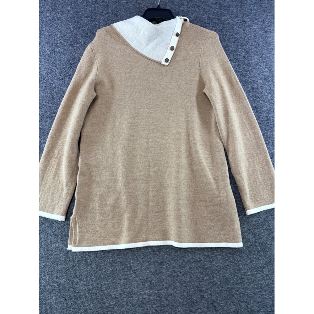 Ann Taylor Button Collar Wool Blend Tunic Sweater Camel Tan Cream Medium
